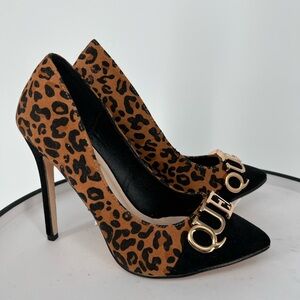SHOE DAZZLE‎ HEELS BLACK CHEETAH QUEEN SLIP ON PUMPS, PADDED INSOLE, POINTED TOE